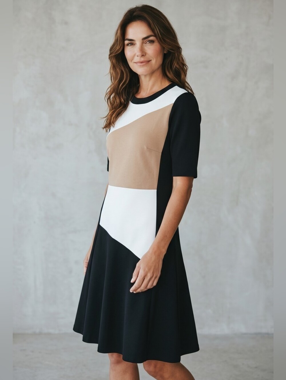 Sandra Darren Black, White & Tan Colorblock Midi Dress 1048
